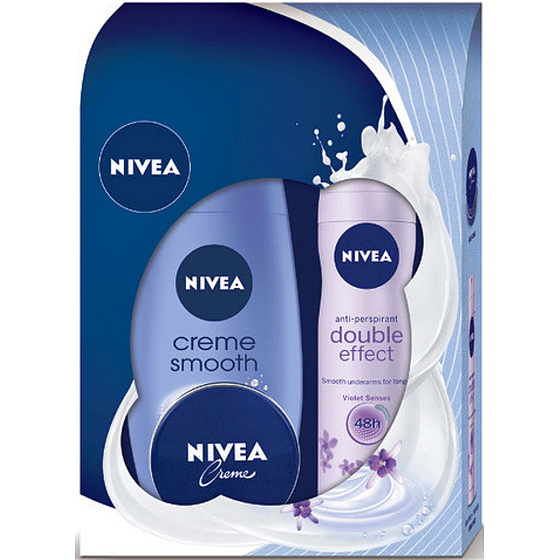 Nivea Creme Smooth sprchový gél 250 ml + Double Effect Violet Senses antiperspirant dezodorant sprej 150 ml + intenzívny krém 30 ml, pre ženy kozmetická sada