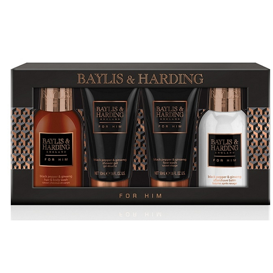 Baylis & Harding Men Čierne korenie a Ženšen tekuté mydlo na telo aj vlasy 100 ml + umývací gél na tvár 50 ml + balzam po holení 100 ml + sprchový gél 50 ml kozmetická sada pre mužov