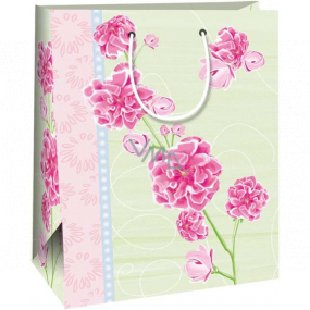 Ditipo Darčeková papierová taška 26,4 x 13,7 x 32,4 cm zelená, ružové kvety