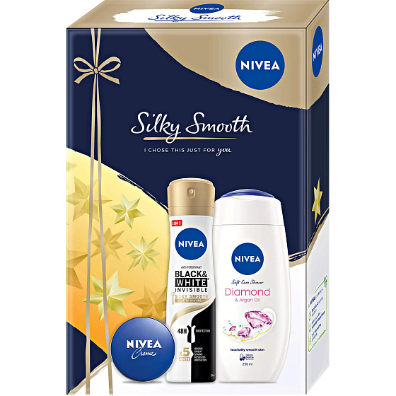 Nivea Silky Smooth Diamond sprchový gél 250 ml + Silky Smooth antiperspirant sprej 150 ml + krém 30 ml, kozmetická sada