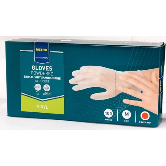 Metro Professional Rukavice jednorazové, Vinyl púdrované transparentný, veľkosť M, box 100 kusov