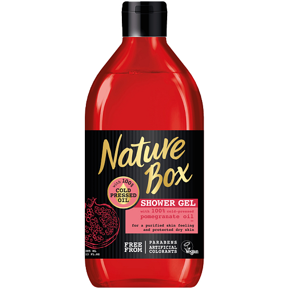 Nature Box Granátové jablko sprchový gél so 100% za studena lisovaným olejom, vhodné pre vegánov 385 ml