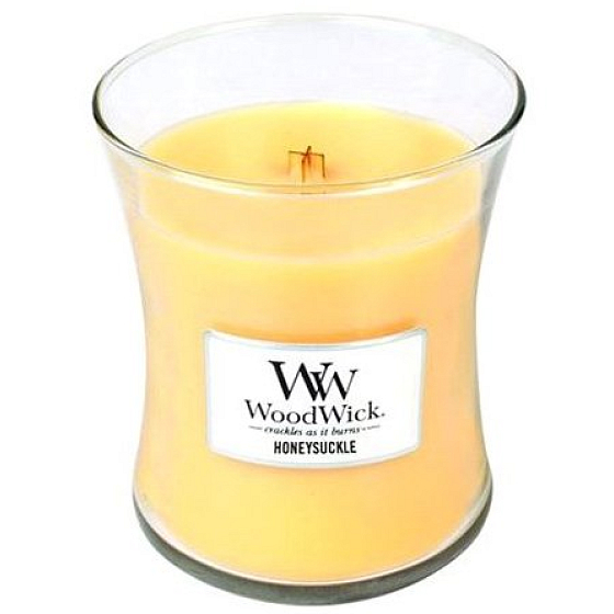 Woodwick Honeysuckle - Zimolez a Jazmín vonná sviečka s dreveným knôtom a viečkom sklo stredná 275 g
