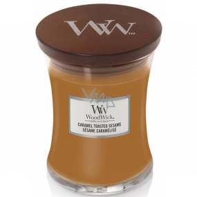 Woodwick Caramel Toasted Sesame - Sezamové sušienky s karamelom vonná sviečka s dreveným knôtom a viečkom sklo stredná 275 g