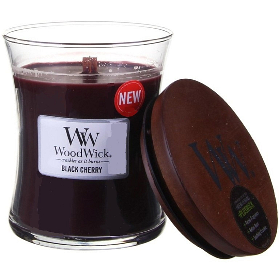 WoodWick Black Cherry - Čierna čerešňa vonná sviečka s dreveným knôtom a viečkom sklo malá 85 g