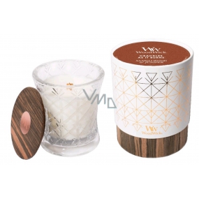 Woodwick Sandalwood & Juniper - Santalové drevo a jalovec vonná sviečka s dreveným širokým knôtom a viečkom sklo strednej Aura 275 gv darčekovej krabičke