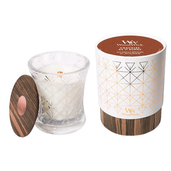 Woodwick Sandalwood & Juniper - Santalové drevo a jalovec vonná sviečka s dreveným širokým knôtom a viečkom sklo strednej Aura 275 gv darčekovej krabičke