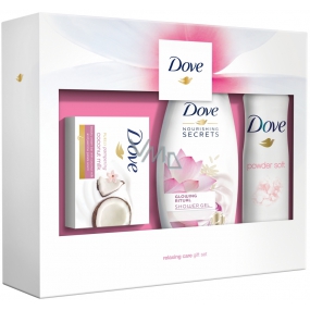 Dove Nourishing Secrets Rozzařijící Rituál Lotosový kvet a ryžová voda sprchový gél pre ženy 250 ml + Purely Pampering toaletné mydlo 100 g + Powder Soft antiperspirant dezodorant sprej pre ženy 150 ml, kozmetická sada