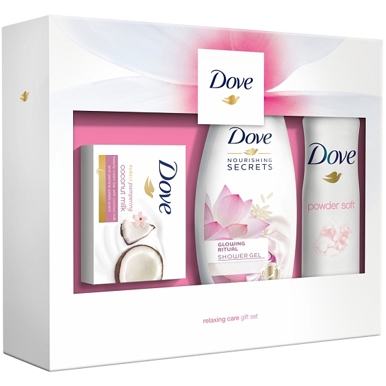 Dove Nourishing Secrets Rozzařijící Rituál Lotosový kvet a ryžová voda sprchový gél pre ženy 250 ml + Purely Pampering toaletné mydlo 100 g + Powder Soft antiperspirant dezodorant sprej pre ženy 150 ml, kozmetická sada