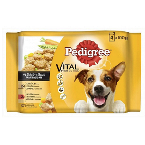 Pedigree Vital Protection s kuracím mäsom a zeleninou, s hovädzím a zeleninou na šťave kapsička 4 x 100 g