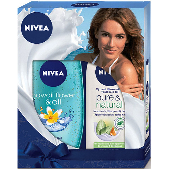 Nivea Hawaiian Flower & Oil sprchový gél 250 ml + Pure & Natural výživné telové mlieko pre veľmi suchú pokožku 250 ml, pre ženy kozmetická sada