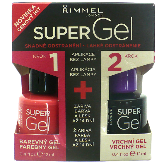 Rimmel London Super Gél by Kate lak na nechty 032 Cocktail Passion 12 ml + Super Gel Top Coat krycí lak na nechty 001 Transparent 12 ml, duopack
