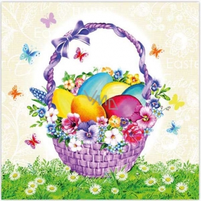 Aha Papierové obrúsky 3 vrstvové 33 x 33 cm 20 kusov Velikonočví fialový košík s vajíčkami a motýle