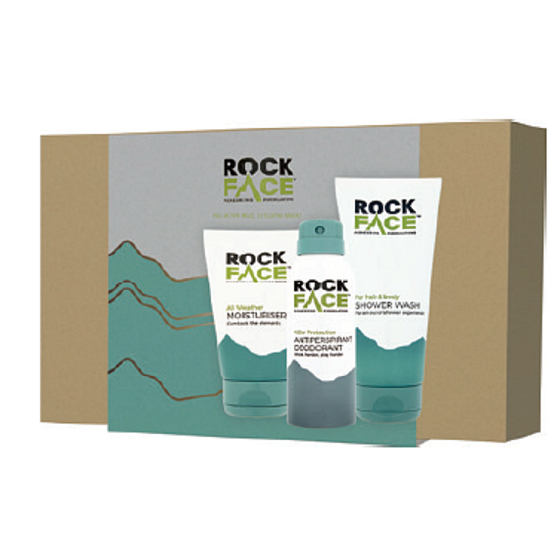 Rockface Sprchový gél pre mužov 200 ml + Protection 48h antiperspirant deodorant sprej pre mužov 150 ml + All Weather Moisturiser hydratačný pleťový krém 100 ml, kozmetická sada