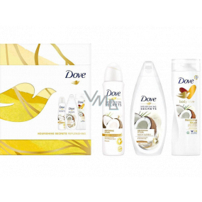 Dove Restoring Ritual Kokos sprchový gél 250 ml + Kokos telové mlieko 250 ml + Kokos antiperspirant dezodorant sprej 150 ml, kozmetická sada