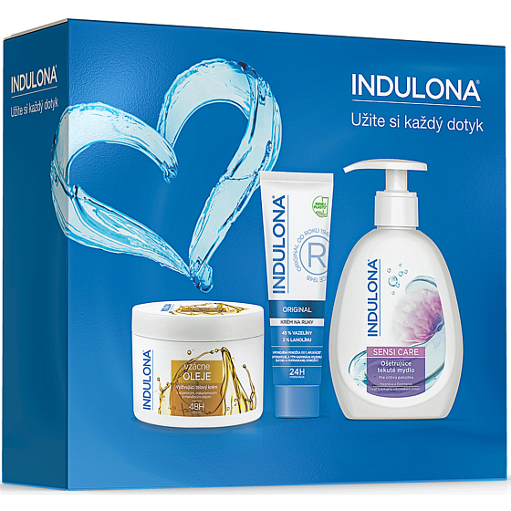 Indulona Original krém na ruky 75 ml + Precious oils výživný telový krém na suchú pokožku 250 ml + Sensi Care tekuté mydlo pre citlivú pokožku s dávkovačom 300 ml, kozmetická súprava