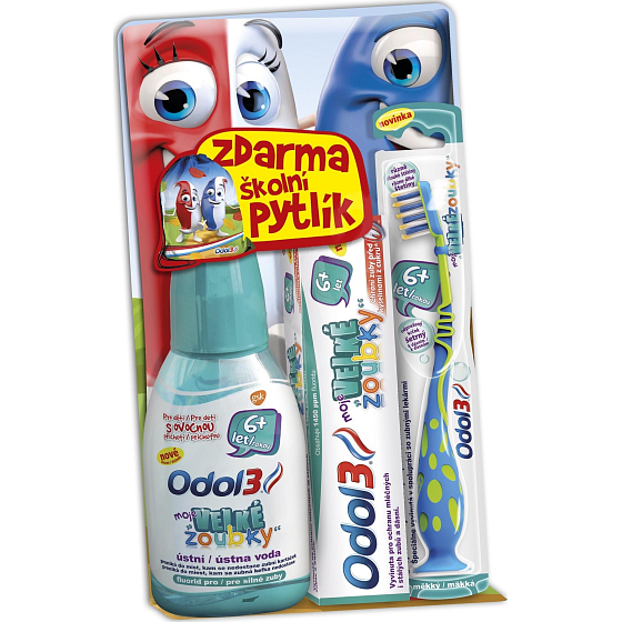 Odol3 Moje veľké zúbky 6+ rokov ústna voda 300 ml + zubná pasta 50 ml + zubná kefka mäkká 1 kus + školské vrecúško 1 kus, kozmetická sada