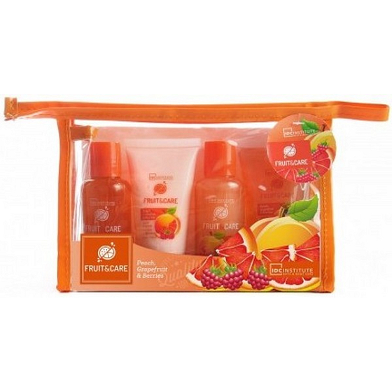 Idc Institute Fruit & Care Peach, Grapefruit & Berries Cestovný set sprchový gél 70 ml + šampón 70 ml + telové mlieko 50 ml + peeling 50 ml + etue, kozmetická sada
