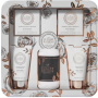 Grace Cole Rose & Geranium sprchový gél 75 ml + telový krém 75 ml + perly do kúpeľa 80 g + soľ do kúpeľa 100 g + flanelová utierka + plechová škatuľka, kozmetická sada pre ženy
