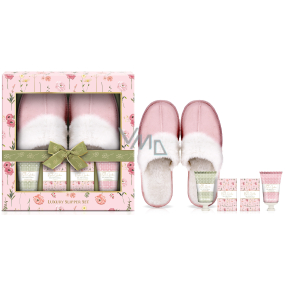 Baylis & Harding Rose, Poppy and Vanilla krém na nohy 50 ml + kryštály do kúpeľa na nohy 100 ml + tuhé mydlo 100 g + sprchový gél 50 ml + papuče, kozmetická sada pre ženy