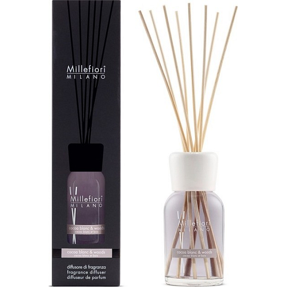 Millefiori Milano Natural Cocoa Blanc & Woods - Biele kakao a drevá Difuzér 250 ml + 8 stebiel v dĺžke 30 cm do stredne veľkých priestorov vydrží minimálne 3 mesiace
