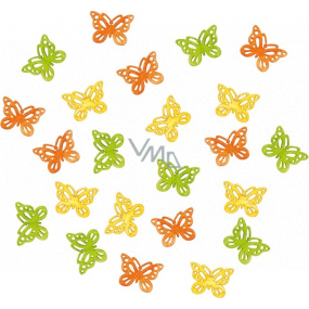 Drevené motýle oranžovo-žlto-zelené 2 cm 24 kusov