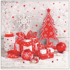 Aha Papierové obrúsky 3 vrstvové 33 x 33 cm 20 kusov Vianočný biele, červený stromček, červené ozdoby