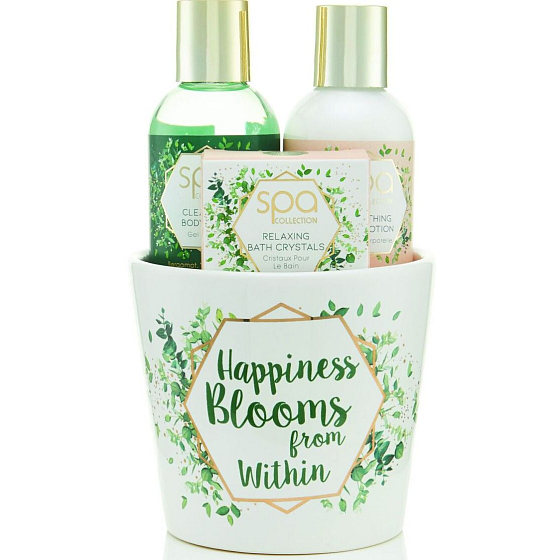 SK S&G Spa Happiness Blooms from Within telové mydlo 100 ml + telové mlieko 100 ml + kúpeľové kryštáliky 50 g, kozmetická sada v kvetináči