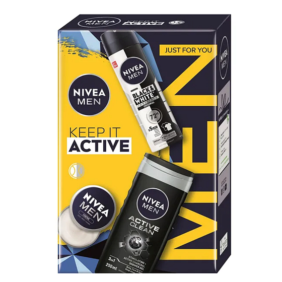 Nivea Men Keep It Active Invisible Black & White Original antiperspirant sprej 150 ml + Nivea Men Active Clean sprchový gél 250 ml + Nivea Men Creme krém na tvár, telo a ruky 30 ml, kozmetická sada pre mužov