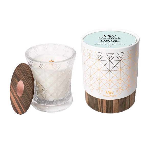 Woodwick Grey Tea & Musk - Šedý čaj a pižmo vonná sviečka s dreveným širokým knôtom a viečkom sklo strednej Aura 275 gv darčekovej krabičke
