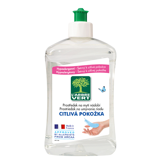 L'Arbre Vert Eko Sensitive prostriedok na umývanie riadu, rýchlo a efektívne rozpúšťa tuky, šetrný k citlivej pokožke 500 ml