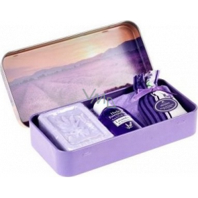 Esprit Provence Levanduľové toaletné mydlo 60 g + vonné vrecúško + esenciálny olej 12 ml + plechová krabička s obrázkom levanduľového poľa, kozmetická sada pre ženy