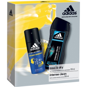 Adidas Cool & Dry 72h Sport Energy antiperspirant deodorant sprej pre mužov 150 ml + Intense Clean sprchový gél a šampón pre normálne vlasy pre mužov 200 ml, kozmetická sada