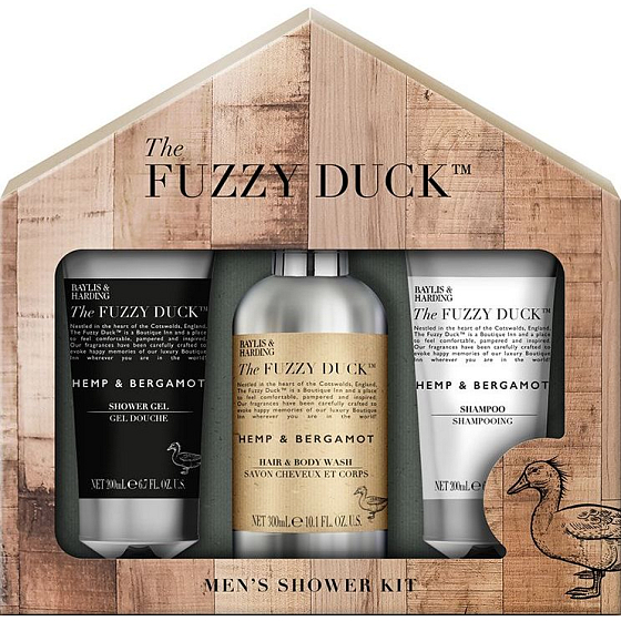 Baylis & Harding The Fuzzy Duck Men 'Hemp & Bergamot umývací gél na telo a vlasy 300 ml + sprchový gél 200 ml + šampón na vlasy 200 ml, kozmetická sada pre mužov