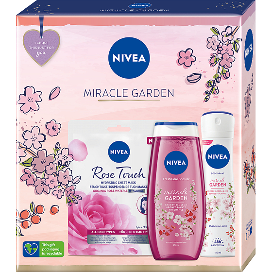 Nivea Miracle Garden Cherry Blossom & Red Berries 48h antiperspirant deodorant v spreji 150 ml + Miracle Garden Cherry Blossom & Pomegranate sprchový gél 250 ml + Rose Touch textilná maska na tvár 1 ks, kozmetická sada pre ženy