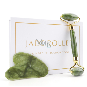 Jade Gua Sha 5 x 8 cm + masážny valček 14 x 5,5 cm redukuje vrásky, opuchy, zlepšuje elasticitu pokožky, nastavuje