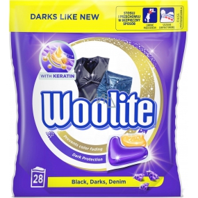 Woolite Dark Black & Denim gélové kapsule s keratínom na tmavé a čierne prádlo, odstráni škvrny, ochrana pred stratou tvaru a zachovanie intenzity farby 28 kusov