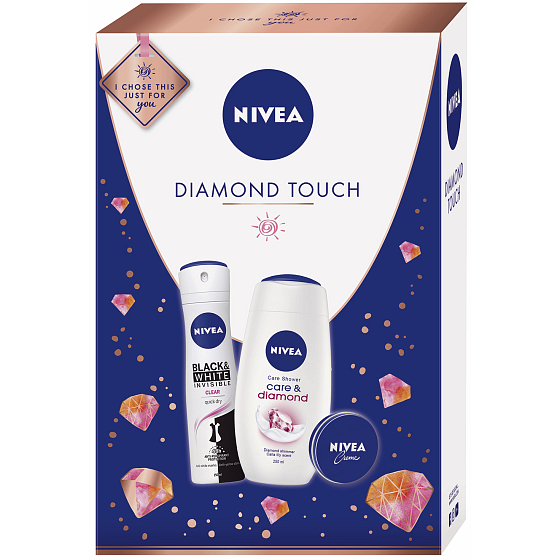Nivea Diamond Touch Care & Diamond sprchový gél pre ženy 250 ml + Black & White Clear antiperspirant sprej pre ženy 150 ml + krém 30 ml, kozmetická sada