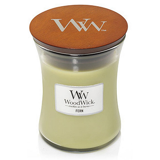 Woodwick Fern - Papradina vonná sviečka s dreveným knôtom a viečkom sklo stredná 275 g