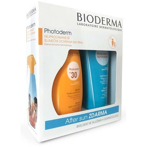 Bioderma Photoderm SPF30 sprej na opaľovanie pre citlivú pleť 400 ml + After Sun hydratácia a výživa mlieko po opaľovaní 200 ml, kozmetická sada