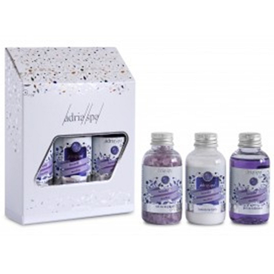 Adria Spa Lavender & Olive Výživný sprchový gél 50 ml + soľ do kúpeľa 50 ml + telové mlieko 50 ml, Cestovná mini sada