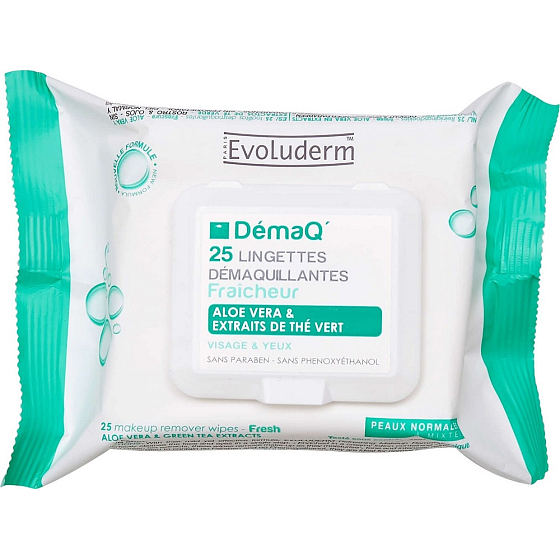 Evoluderm Remover Wipes make-up odličovacie vlhčené obrúsky na oči a krk pre normálnu a zmiešanú pleť 25 kusov