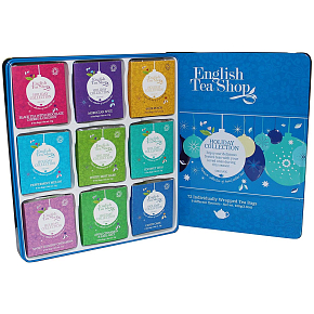 English Tea Shop Bio Modré ozdoby Čierny čaj + čokoláda, čerešňa a kokosom + Marocké korenie + štiplavé broskyňa + Mäta a melón + Biela kôra mäty + Kokosový Chai + Sladký šípky so škoricou + Jablko, škorica a Earl Grey + Sladkosti, 72 kusov čajov, 9 príchuťou 108 g, darčeková sada v plechovej dóze