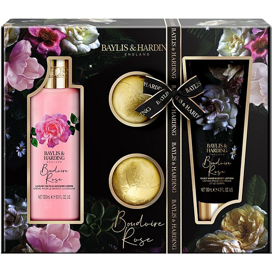Baylis & Harding Boudoire Rose pena do kúpeľa 300 ml + mlieko na telo a ruky 200 ml + šumivé gule do kúpeľa 2 x 75 g, kozmetická sada pre ženy