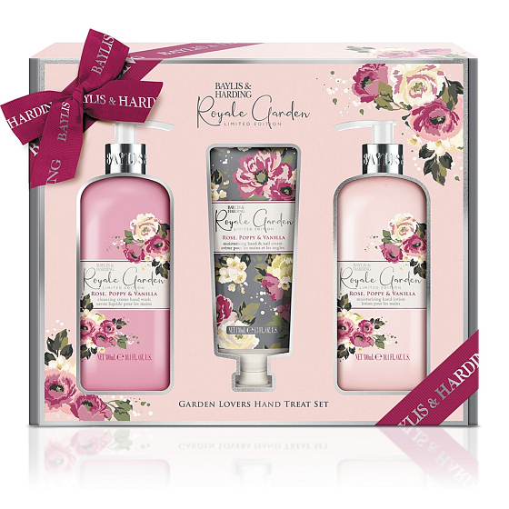 Baylis & Harding Rose, Poppy and Vanilla tekuté mydlo v dávkovači 300 ml + krém na ruky 300 ml + krém na ruky a nechty 130 ml, kozmetická sada pre ženy