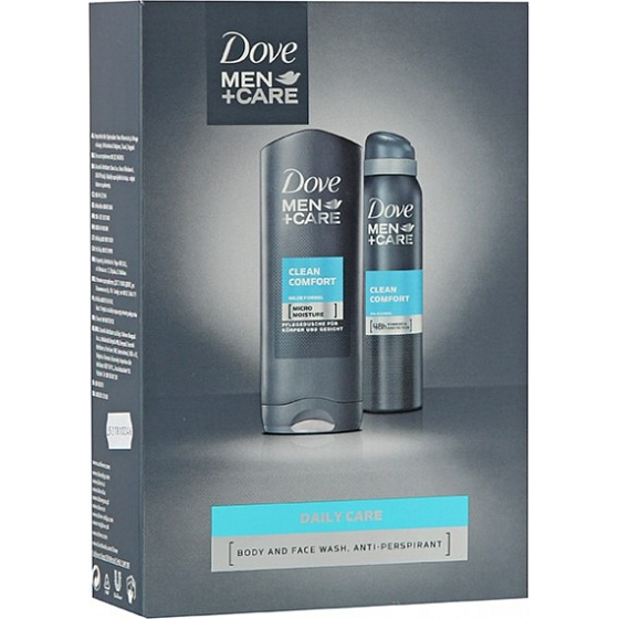 Dove FM Clean Comfort Men + Care sprchový gél 250 ml + dezodorant sprej pre mužov 150 ml, kozmetická sada