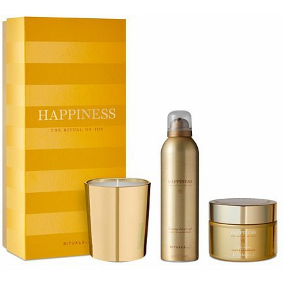 The Ritual Of Joy Happiness sprchová pena 200 ml + telový krém 220 ml + vonná sviečka 290 g, kozmetická sada pre ženy