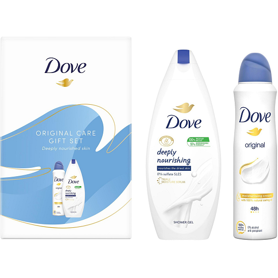 Dove Original Deeply Nourishing hydratačný sprchový gél 250 ml + Original antiperspirant dezodorant v spreji 150 ml, kozmetická sada pre ženy