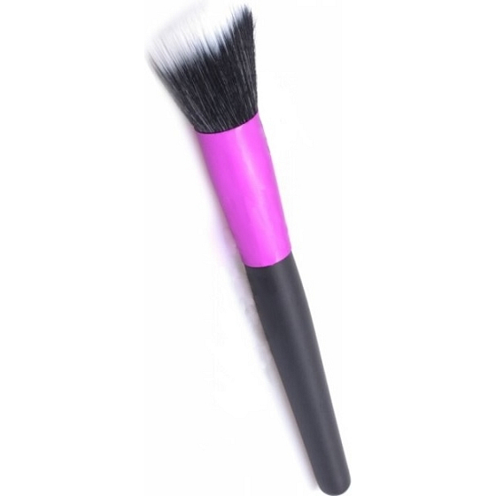 Kozmetický štetec so syntetickými štetinami na púder čierno-biele vlasy čierno-ružová rukoväť 19 cm 30450