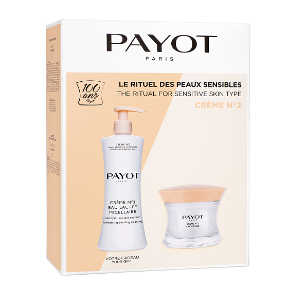 Payot Creme N ° 2 Eau Lactée Micellaire odličovacie mlieko pre citlivú pleť 400 ml + Créme N ° 2 Cachemire bohatý krém pre citlivú pleť 50 ml, darčekový set 2020